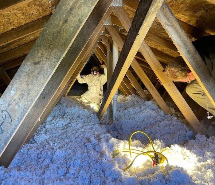 SERVPRO technicians in an attic with deep insulation